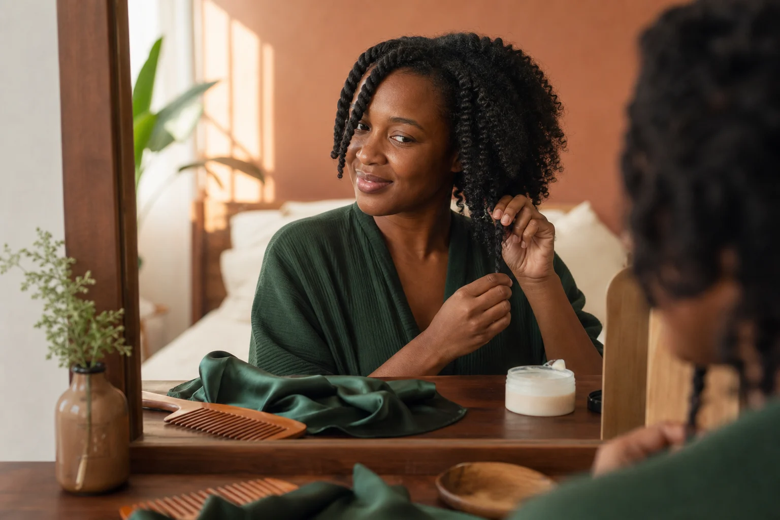 A woman revealing a defined twist-out in warm natural light