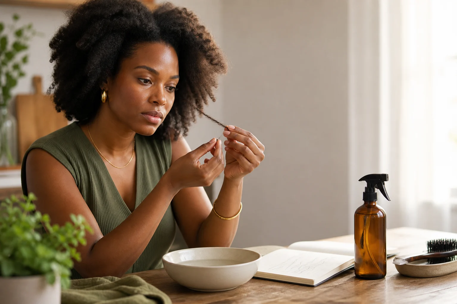 A close editorial portrait showing moisturized natural hair and a water mister