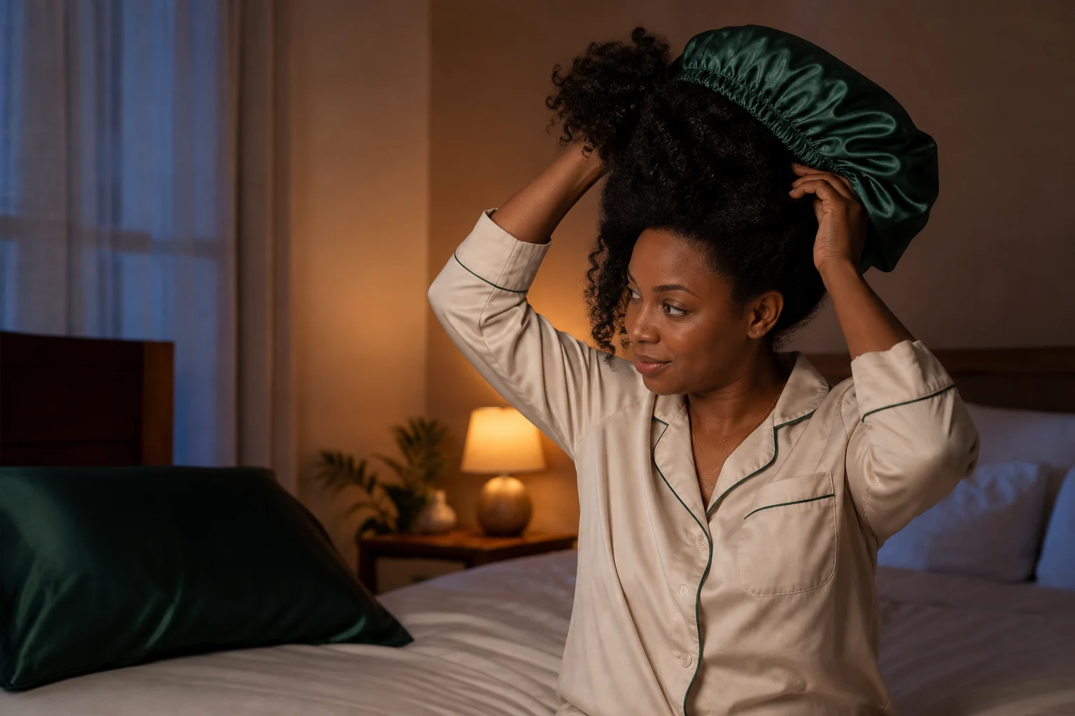 A woman wrapping natural hair with a satin scarf before bed