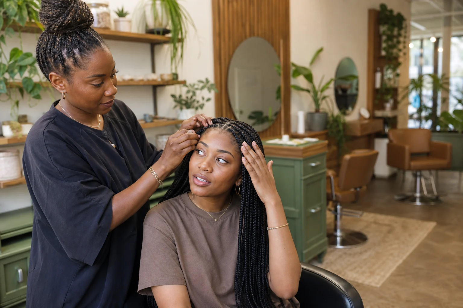 A close portrait of neat low-tension braids with healthy edges