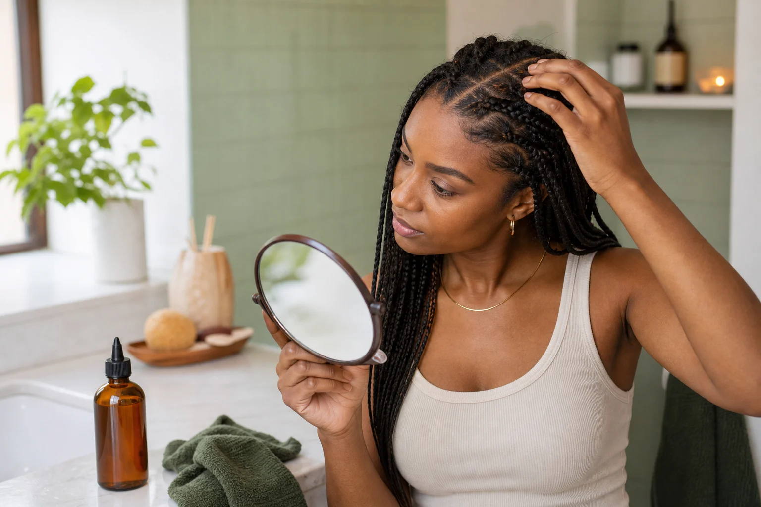 A careful scalp-care routine with sectioned natural hair and an applicator bottle