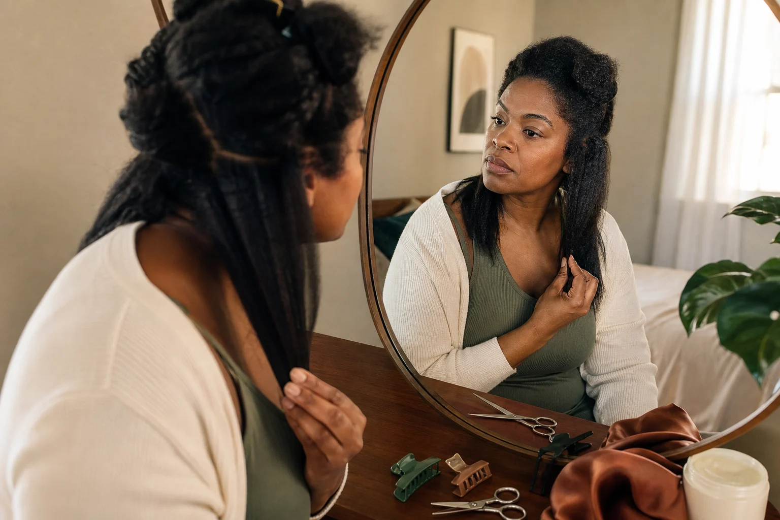 A woman examining the meeting point of natural roots and relaxed ends