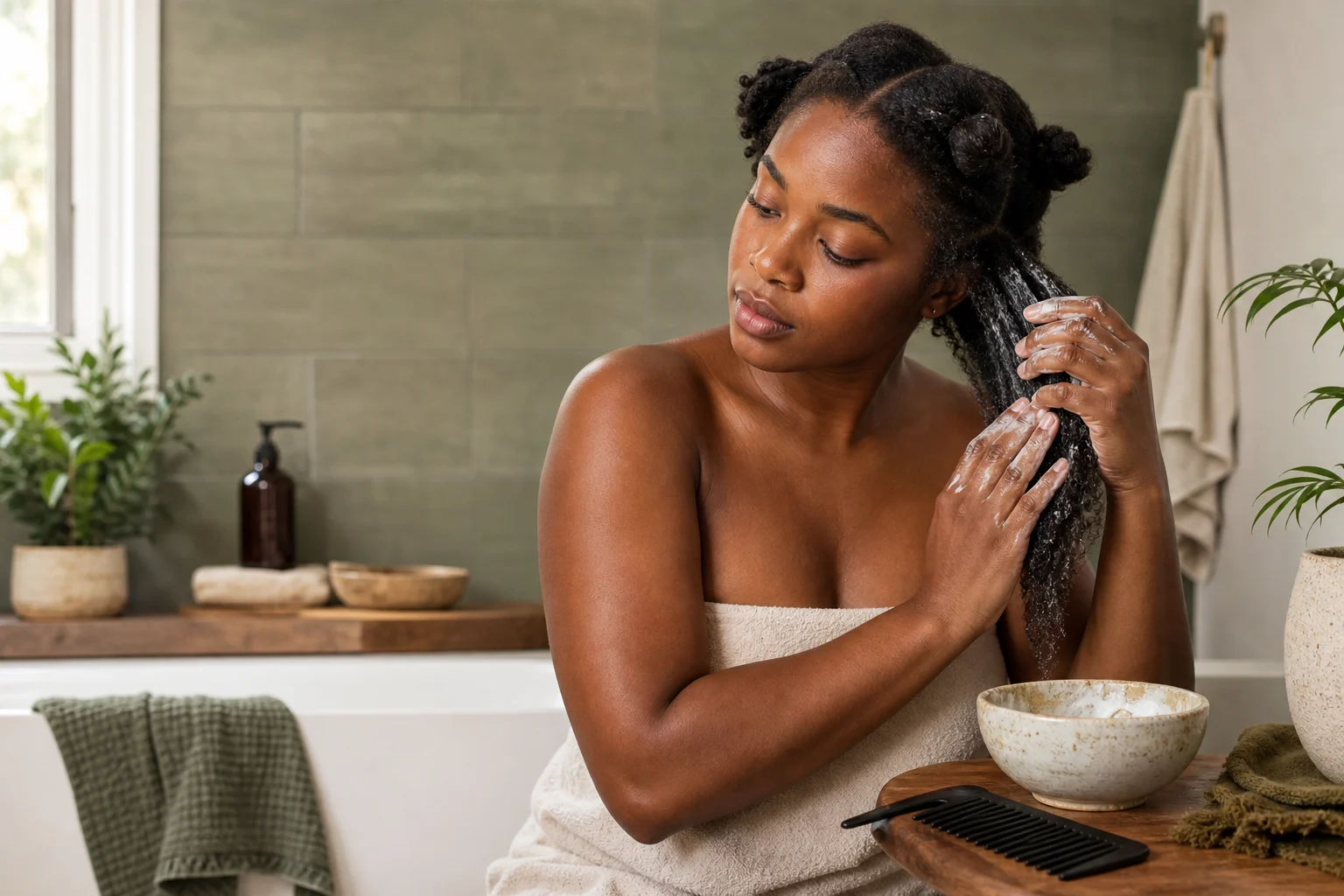 A calm wash-day scene with sectioned 4C hair and conditioning tools